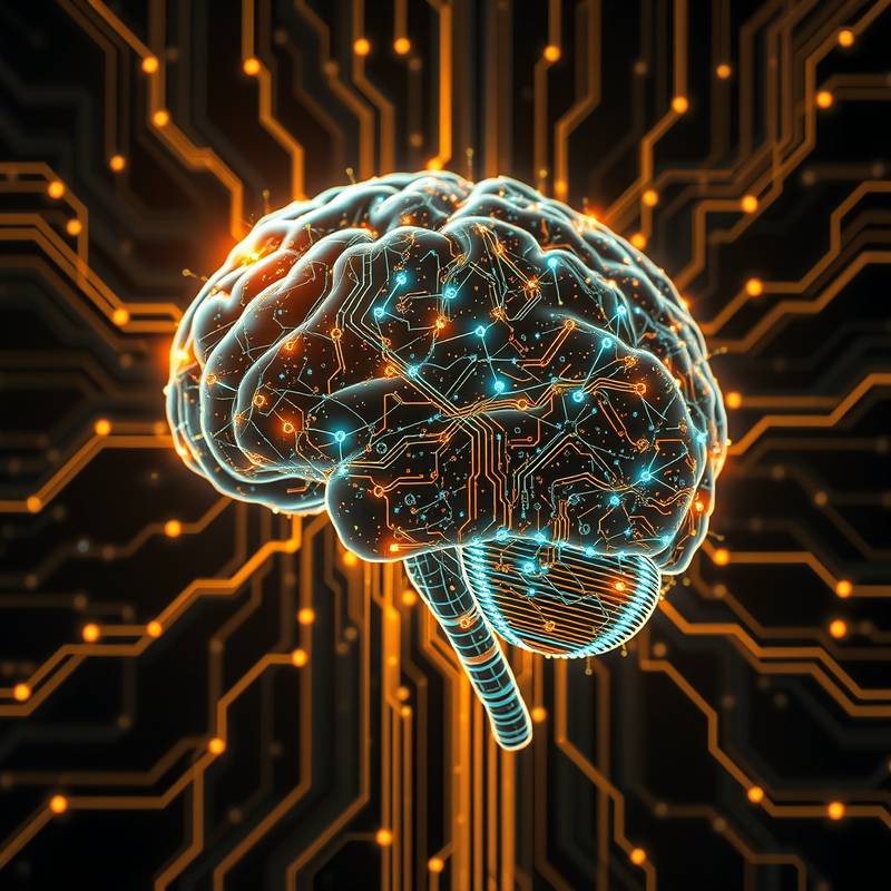 Imagen del curso de Inteligencia Artificial mostrando un cerebro hecho con circuitos electrónicos y algoritmos.