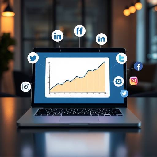 Imagen del curso de Marketing Digital mostrando una gráfica de crecimiento en una pantalla de ordenador, con iconos de redes sociales alrededor.